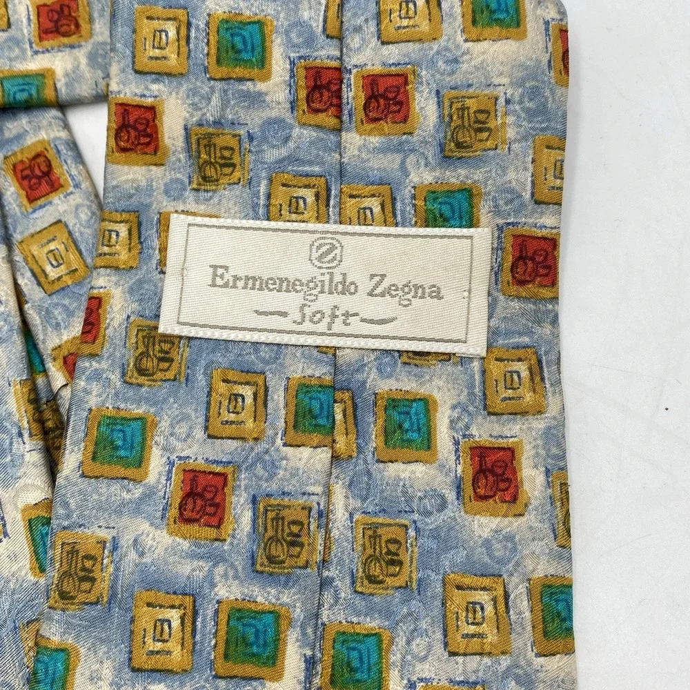 Ermenegildo Zegna Soft Mens Satin‎ 100% Silk Neck Tie Geometric Multicolor